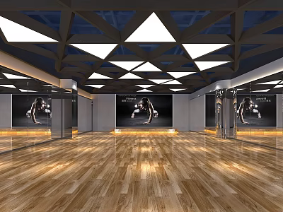 Spacious Fitness Gym Interior With Wooden Floor Mirrored Walls And Ceiling Lights 3d model