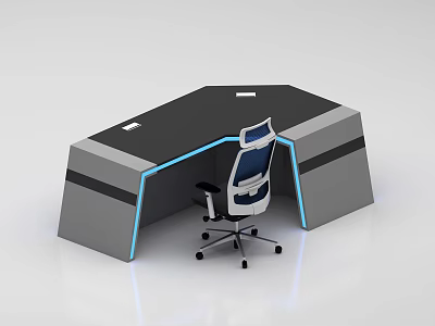 Modern Office Interior Design With L shaped Desk Blue LED Lights And Ergonomic Chair 3d model