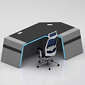 Modern Office Interior Design With L shaped Desk Blue LED Lights And Ergonomic Chair