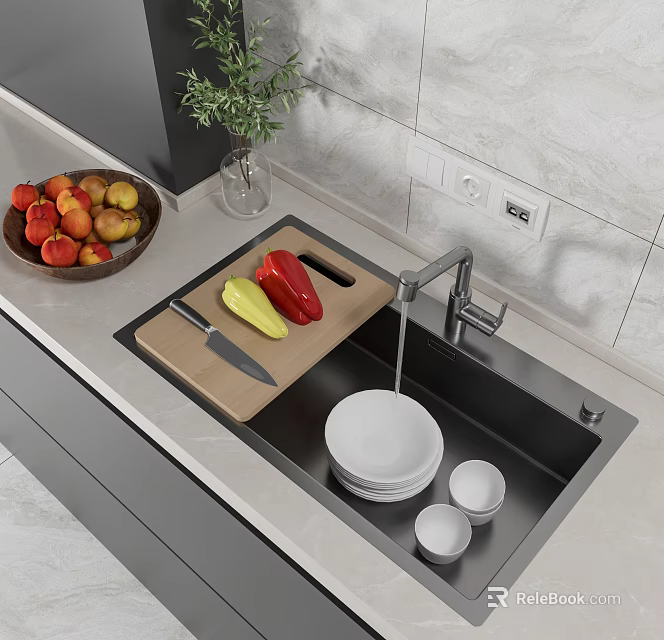 Modern Black Kitchen Sink with Cutting Board Knife Bell Peppers and Bowls on Countertop 3d model 