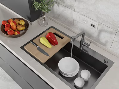 Modern Black Kitchen Sink with Cutting Board Knife Bell Peppers and Bowls on Countertop 3d model