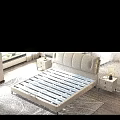 Modern Double Bed With Beige Leather Headboard In Bedroom With Natural Light Nightstand And Lamp
