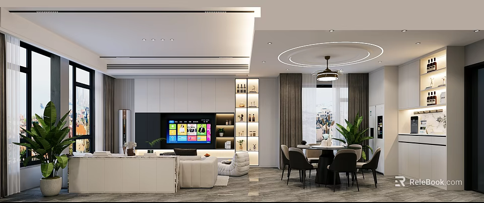 Modern Living and Dining Room Interior Design With TV Wall Sofa Dining Table And Chandelier 3d model 