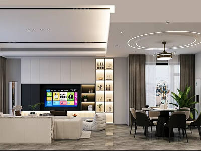 Modern Living and Dining Room Interior Design With TV Wall Sofa Dining Table And Chandelier 3d model
