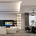 Modern Living and Dining Room Interior Design With TV Wall Sofa Dining Table And Chandelier