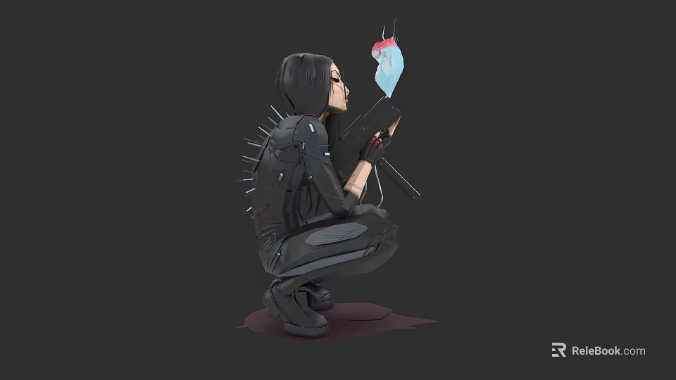 Woman In Black Spiked Outfit Crouching Holding Weapon And Blue Pink Object 3d model 