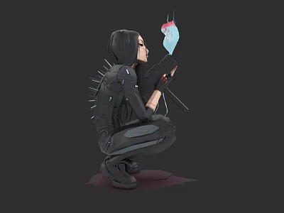 Woman In Black Spiked Outfit Crouching Holding Weapon And Blue Pink Object 3d model