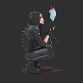 Woman In Black Spiked Outfit Crouching Holding Weapon And Blue Pink Object