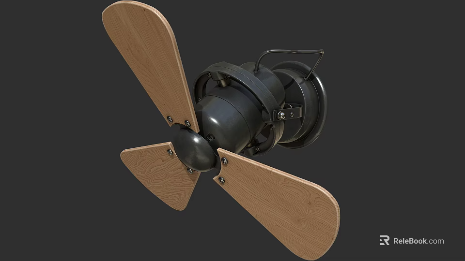 Wall Mounted Electric Fan with Wooden Blades and Black Metal Body Design 3d model 