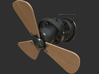 Wall Mounted Electric Fan with Wooden Blades and Black Metal Body Design 3d model