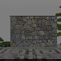 Garden Feature Wall With Gray Stone Green Plants And Pine Tree On Patterned Paved Ground 3d model