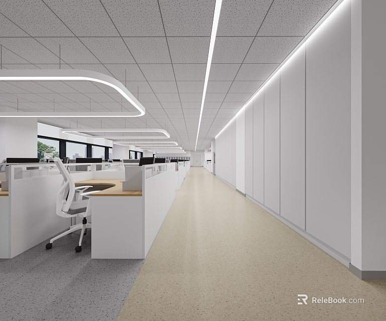 Spacious Public Office Space With White Partitions Computers Long Corridor And Ceiling Light Strips 3d model 