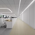 Spacious Public Office Space With White Partitions Computers Long Corridor And Ceiling Light Strips