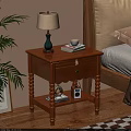 Wooden Nightstand With Green Lamp Books Cup On Top Carved Legs Lower Shelf Radio Magazines