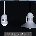 Two Modern Pendant Lights With White Shade And Metal Structure In Dark Interior