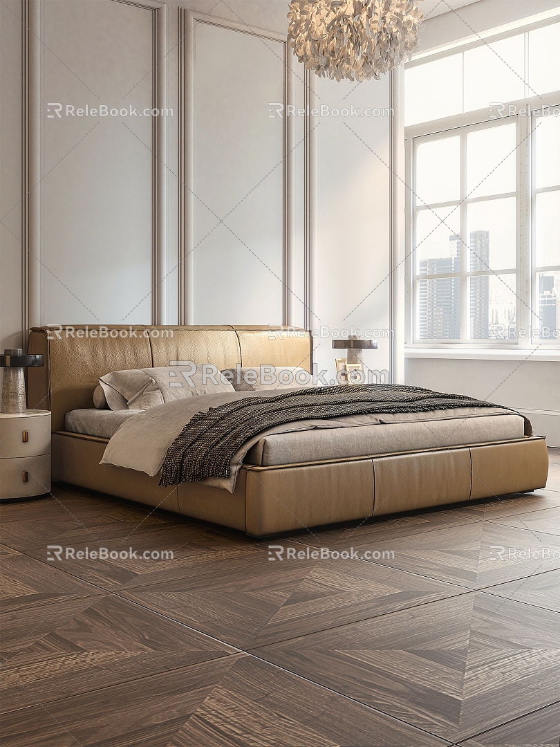 Italian Minimalist Tofu Block Bed Double Bed Floor Bed baxter Square Bed Cream Style 3d model