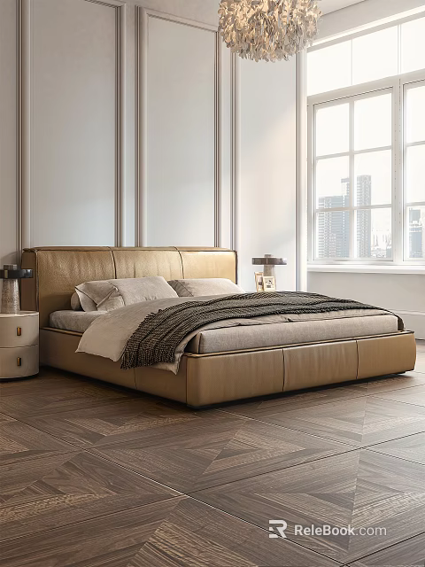 Double Bed with Beige Leather Headboard in Bedroom with Wooden Floor Window and Nightstand 3d model 