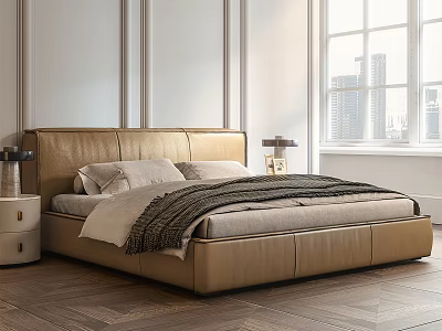 Double Bed with Beige Leather Headboard in Bedroom with Wooden Floor Window and Nightstand 3d model