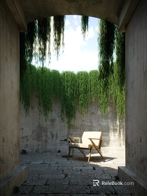 Hanging Green Plants on Concrete Walls Garden Nook with Chair and Table 3d model 