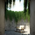 Hanging Green Plants on Concrete Walls Garden Nook with Chair and Table