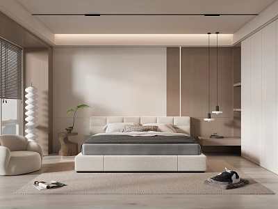 Modern Bedroom Interior Design With Large Bed Hanging Lights Area Rug And Accent Chair 3d model