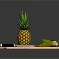 Wooden Cutting Board With Fresh Pineapple Sharp Knife And Corn Ears