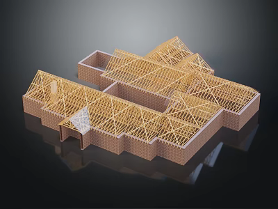 Building Frame Structure Featuring Wooden Roof Trusses And Wall Framing 3d model