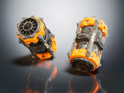 Two Orange And Black Daily Household Appliances With Gears And Structure On Black Reflective Surface 3d model