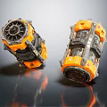 Two Orange And Black Daily Household Appliances With Gears And Structure On Black Reflective Surface