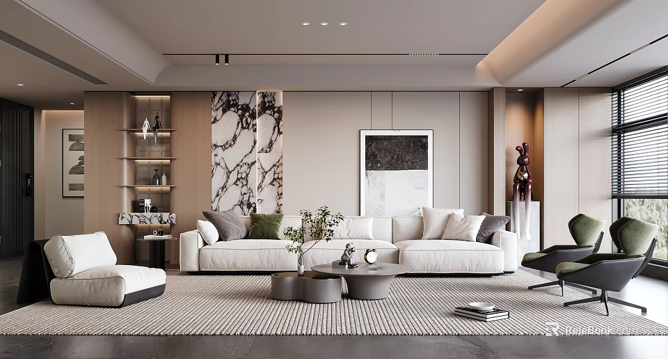 Modern Living Room Interior With White Sofa Marble Accent Wall And Decorative Items 3d model 