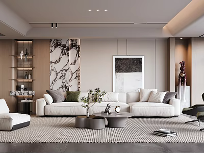 Modern Living Room Interior With White Sofa Marble Accent Wall And Decorative Items 3d model