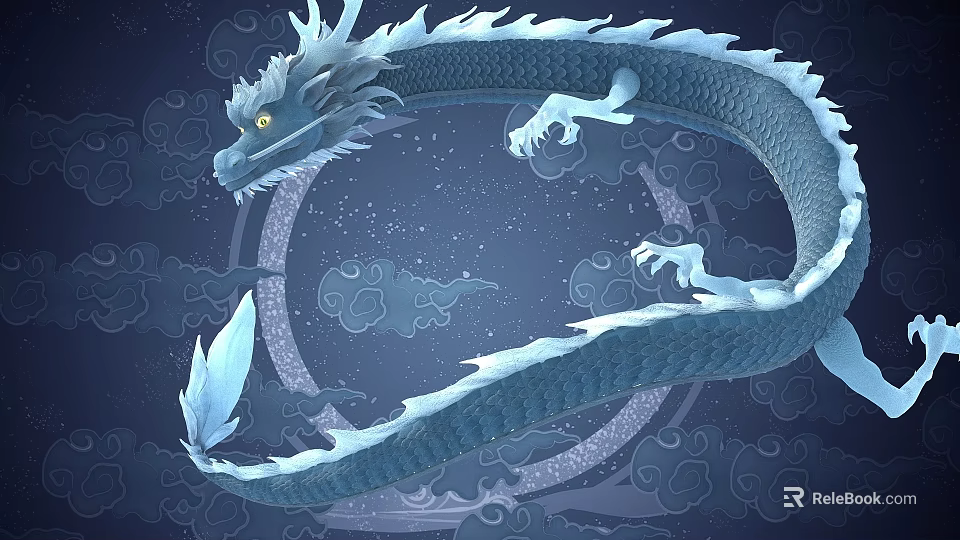 Blue Flying Dragon With White Mane And Claws In Night Sky With Clouds And Stars 3d model 