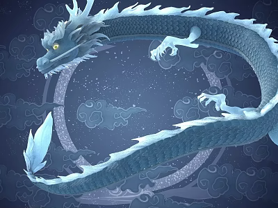 Blue Flying Dragon With White Mane And Claws In Night Sky With Clouds And Stars 3d model
