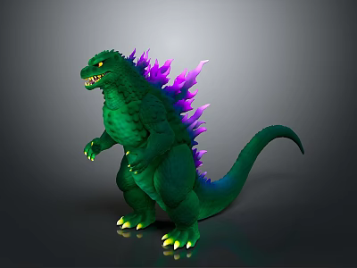 3D Model Of Giant Monster Godzilla With Green Skin Purple Dorsal Spines And Yellow Eyes 3d model