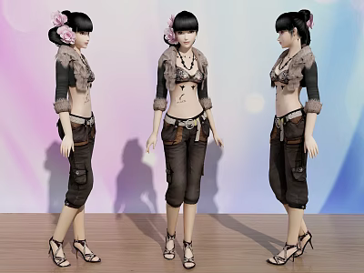 Woman Posing In Fur Trimmed Top Cargo Pants And High Heels With Flower Hair Accessory 3d model
