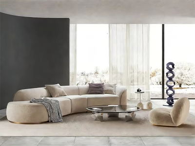 Elegant Curved Sectional Sofa And Glass Coffee Table Set For Modern Luxury Living Room 3d model
