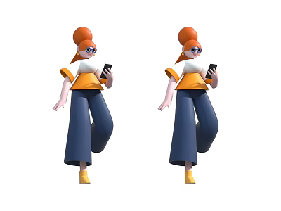 Two 3D Characters Wearing Sunglasses Orange White Top And Blue Wide Leg Pants Holding Smartphone 3d model