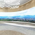 Exhibition Hall With Curved Large Screen City Mountain Landscape Circular Ceiling Lights And Marble Floor
