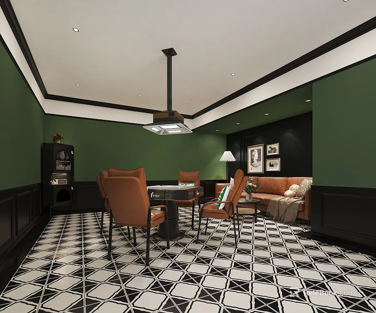 Green Wall Living Room Interior With Black Trim Geometric Flooring Orange Chairs And Sofa 3d model 
