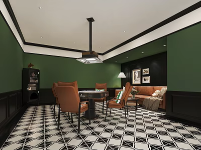 Green Wall Living Room Interior With Black Trim Geometric Flooring Orange Chairs And Sofa 3d model