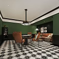 Green Wall Living Room Interior With Black Trim Geometric Flooring Orange Chairs And Sofa