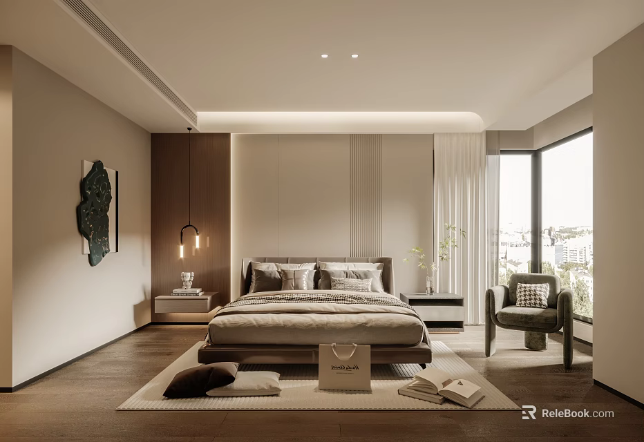 Elegant Modern Bedroom Interior With Bed Nightstand Wall Art Armchair And Wooden Floor 3d model 