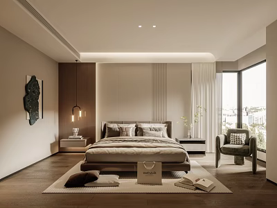 Elegant Modern Bedroom Interior With Bed Nightstand Wall Art Armchair And Wooden Floor 3d model