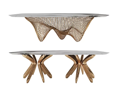 Modern Dining Tables With Silver Tabletop And Golden Mesh Branched Base Structures 3d model