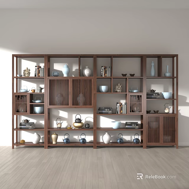 Dark Brown Wooden Chinese Display Shelf With Porcelain Vases Tea Sets And Books 3d model 