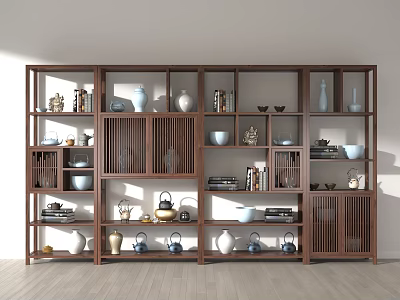 Dark Brown Wooden Chinese Display Shelf With Porcelain Vases Tea Sets And Books 3d model