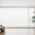 Modern Interior Scene With Large Vertical Blinds Wooden Floor Silver Sphere And Green Plant