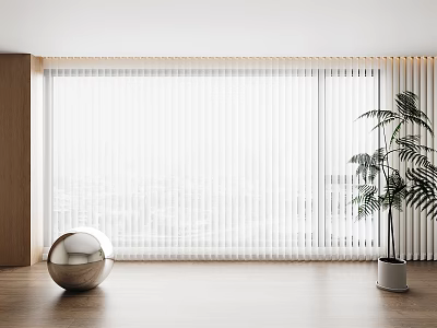Modern Interior Scene With Large Vertical Blinds Wooden Floor Silver Sphere And Green Plant 3d model
