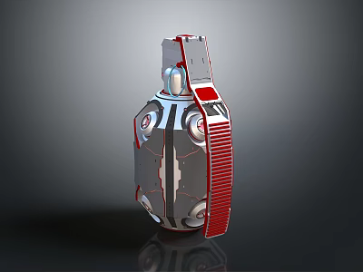 Modern Grenade Weapon Design With Silver Metal Body Red Strap And Circular Components 3d model