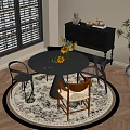 Stylish Round Dining Table Set With Mixed Chairs Decorative Cabinet And Area Rug 3d model